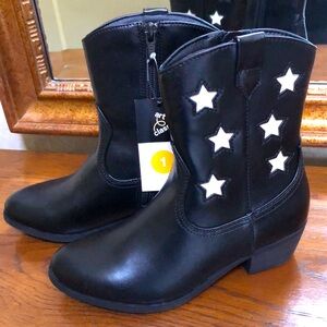 New little girls western boots.  Size 1.  Black with off-white stars.  Zip up.